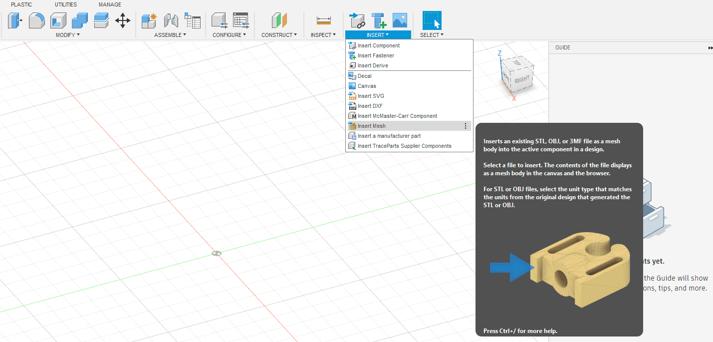 insertion of mesh file in fusion 360 