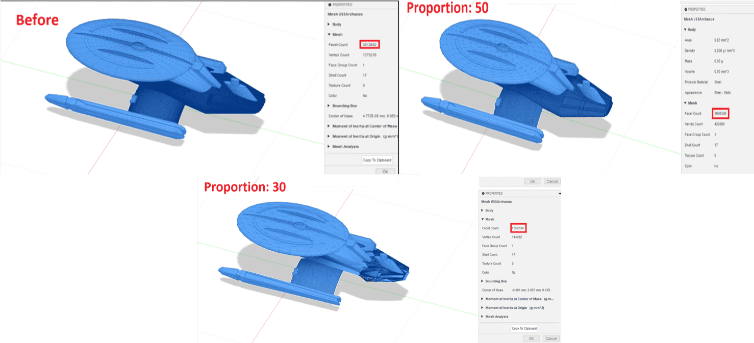 before and after reduction with different porportion