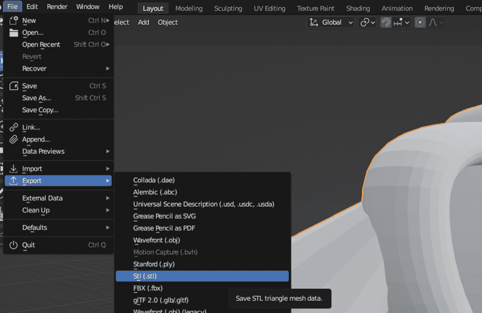 export stl file in belender